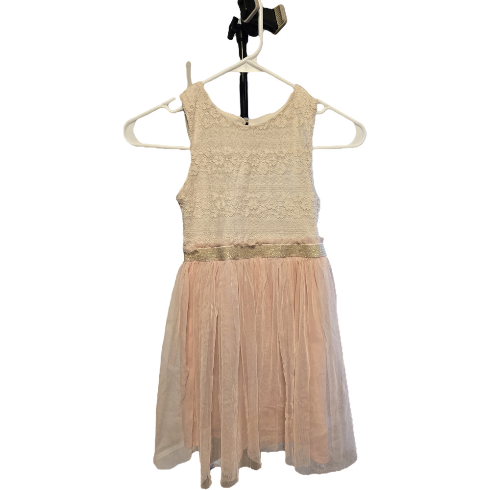 A.U.W. Girls Dress Size 8 Pink Tulle Lace Bodice Gold Glitter Belt Easter